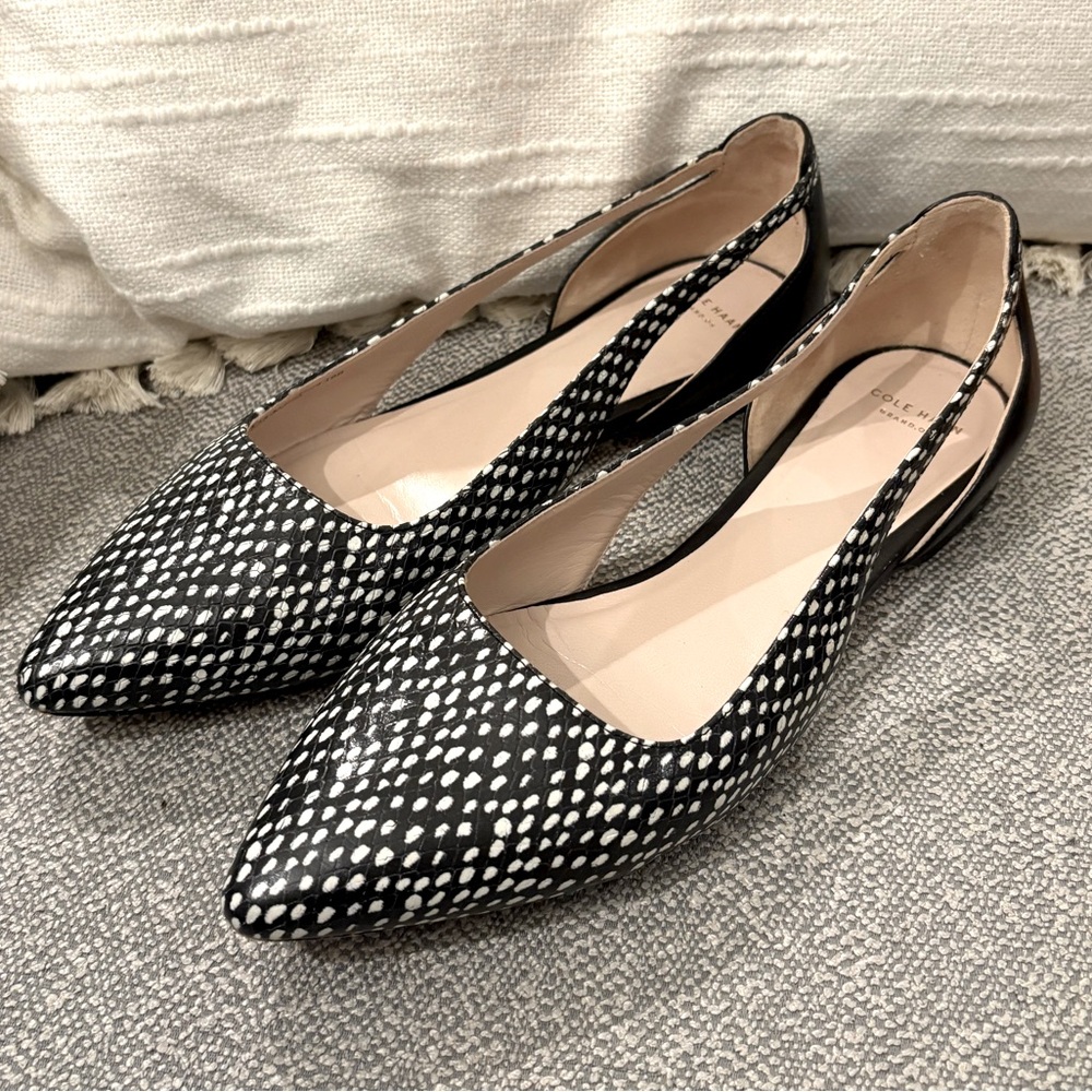 Cole Haan Black and White Pointed Slingback Flats